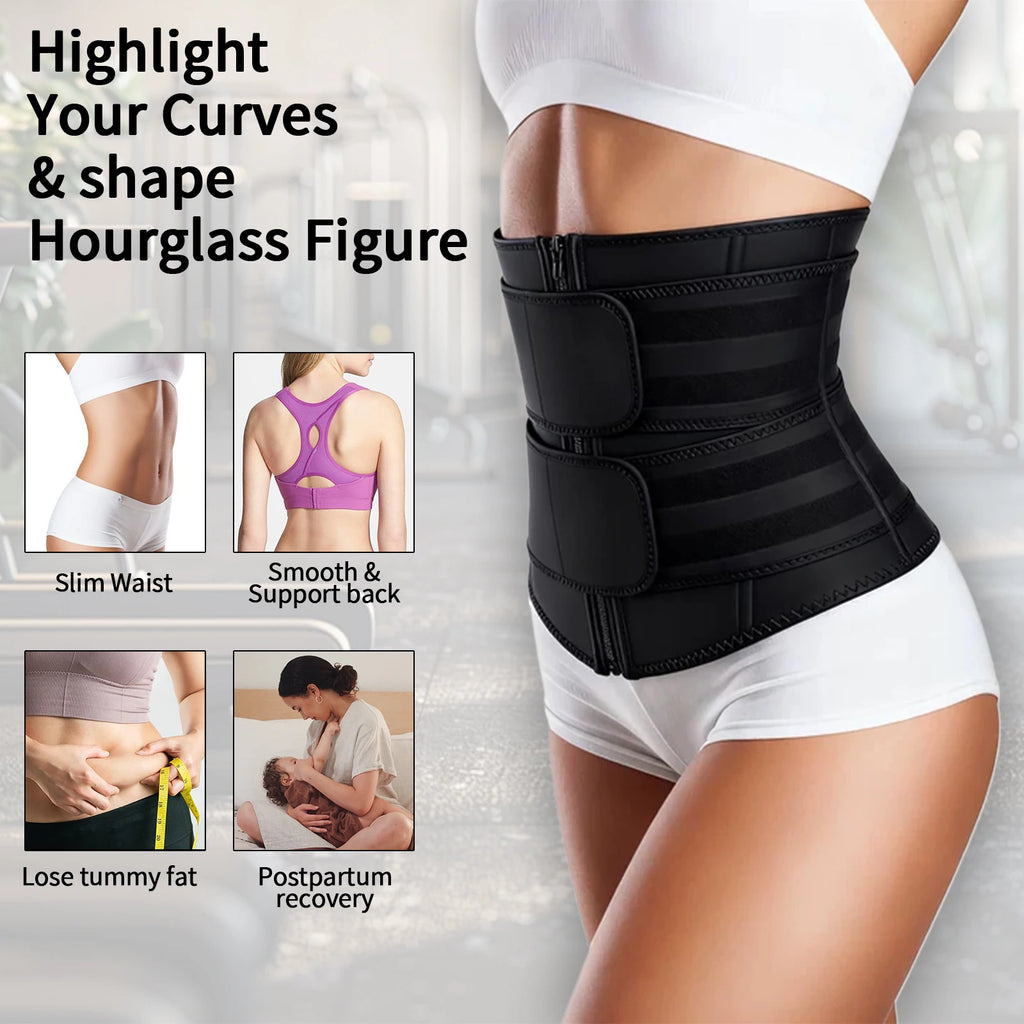 Adjustable Waist Trainer for Women, Double Belts Neoprene Corset with Zipper, Workout Cincher for Tummy Control & Back Support